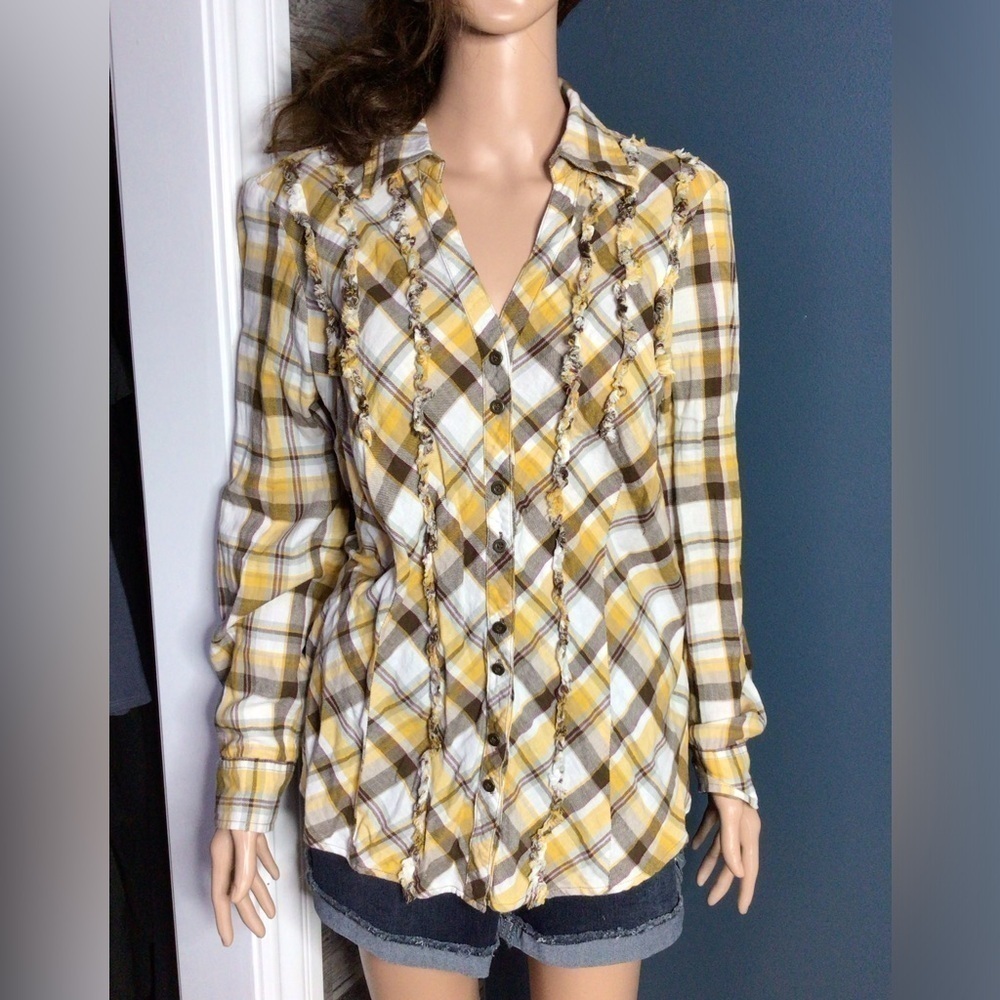 Yellow Plaid Button-Up Women's Top Large (0116)